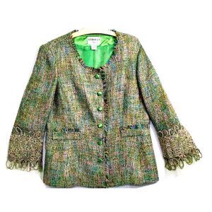 Vtg Verucci by Chancelle Peacock Blue Metallic Tweed Embroidered Lace Sleeve 14